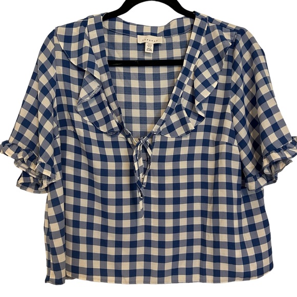 TOPSHOP Maisie Frill Neck Keyhole Plaid Crop Top Blouse Size 8 - Picture 4 of 8